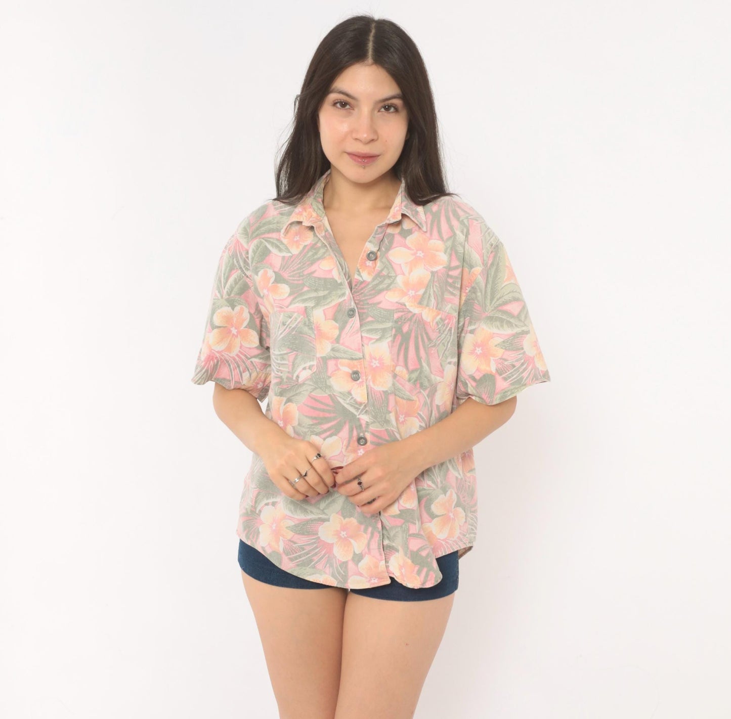 90s Essentials Sport Hawaiian Shirt Pink Coral Floral Camp Collar Cotton Large L