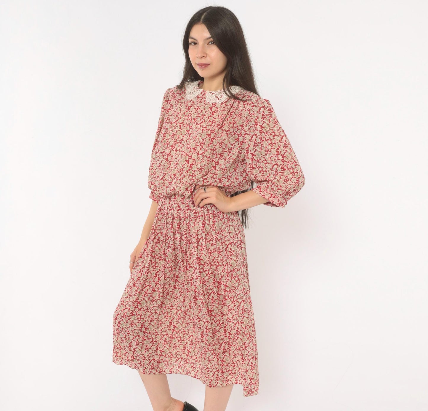 90s Breli Originals Floral Midi Dress Red Cream Lace Collar Puff Sleeve Medium Large