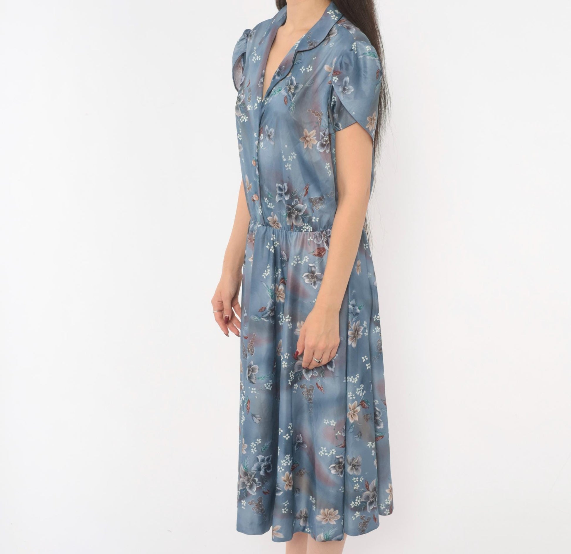 70s Slate Blue Floral Midi Shirtdress Puff Sleeve Notched Collar Large