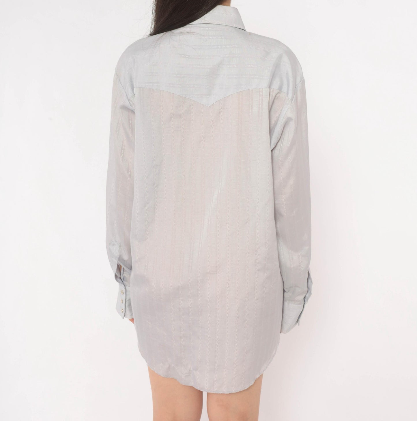 70s Prior Western Shirt Pearl Snap Pointed Collar Jacquard Stripe Blue Large L