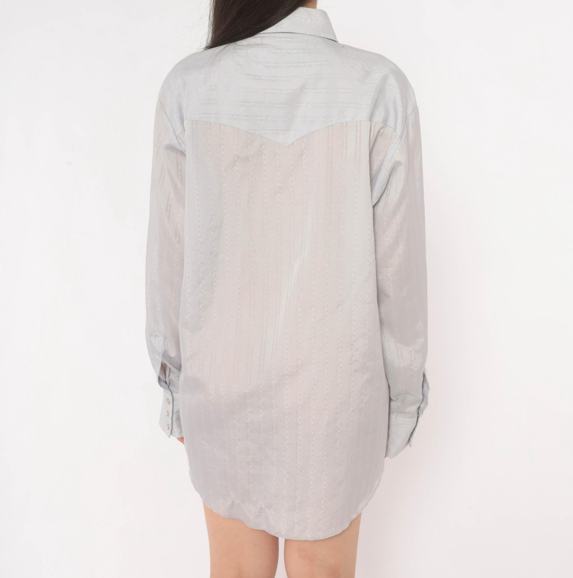 70s Prior Western Shirt Pearl Snap Pointed Collar Jacquard Stripe Blue Large L
