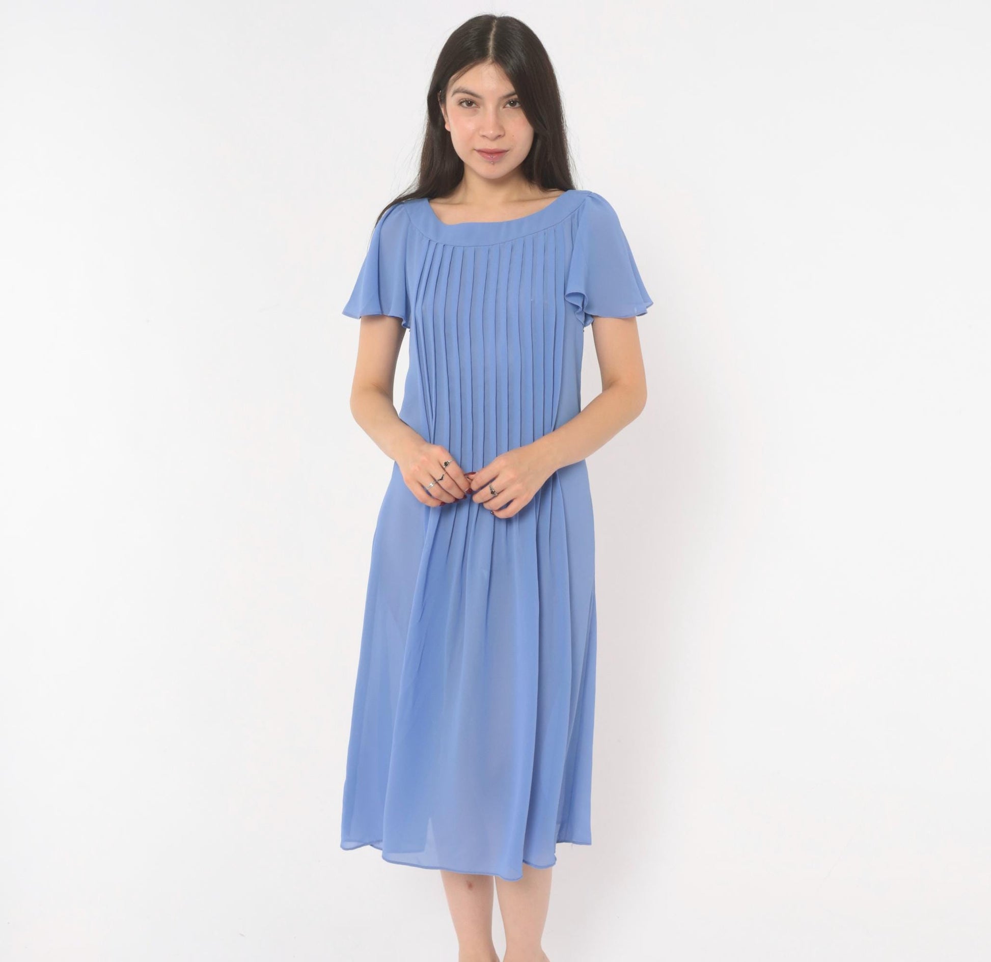 80s David Morris Periwinkle Pintuck Midi Dress Flutter Sleeve Small
