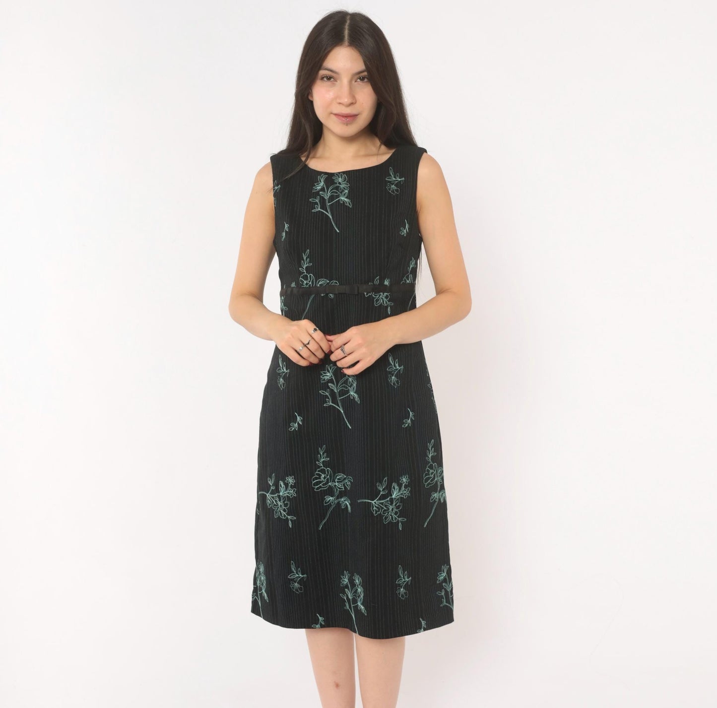 90s Rabbit Black Floral Embroidered A-Line Dress Blue Pinstripe Medium M