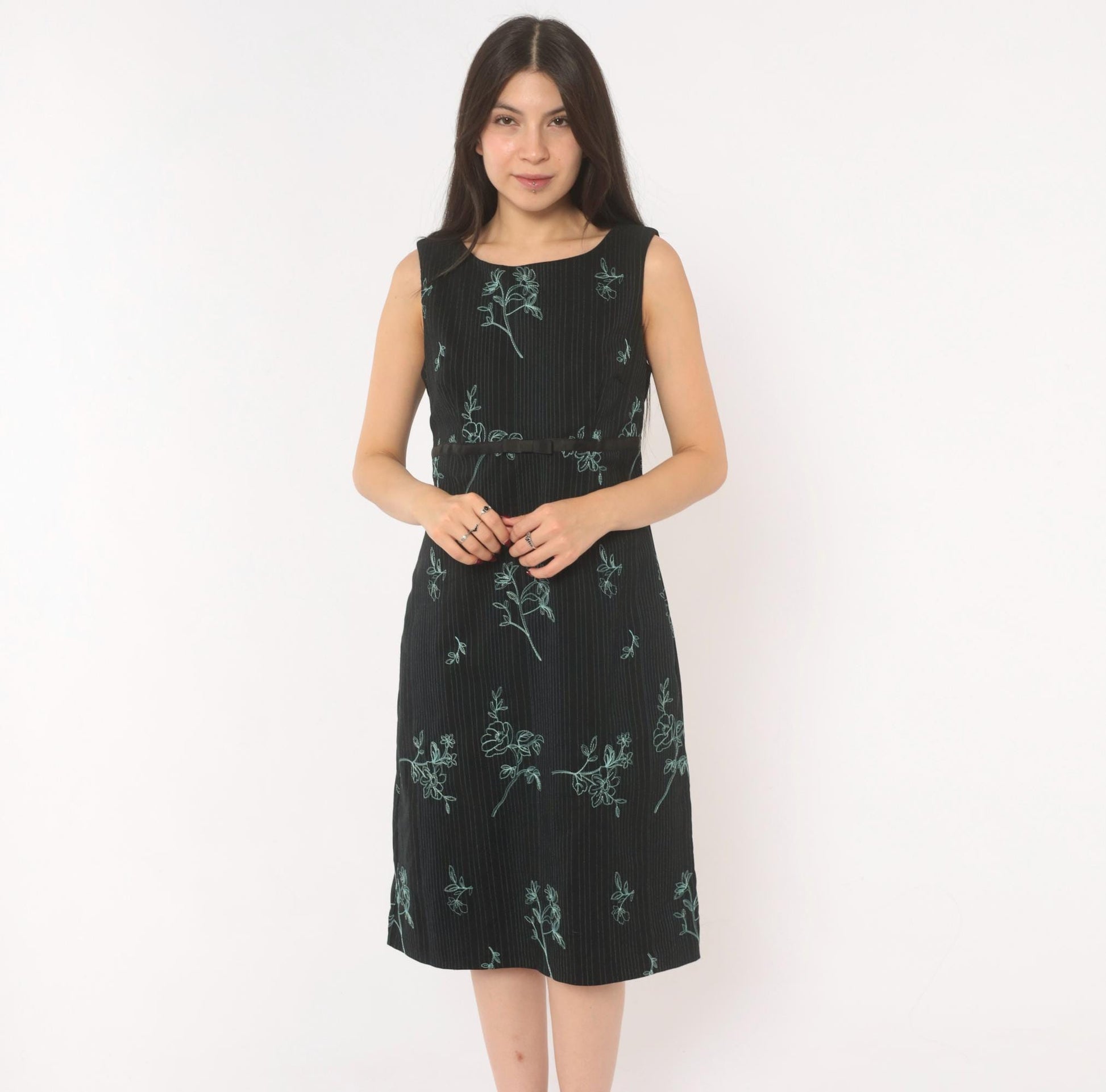 90s Rabbit Black Floral Embroidered A-Line Dress Blue Pinstripe Medium M