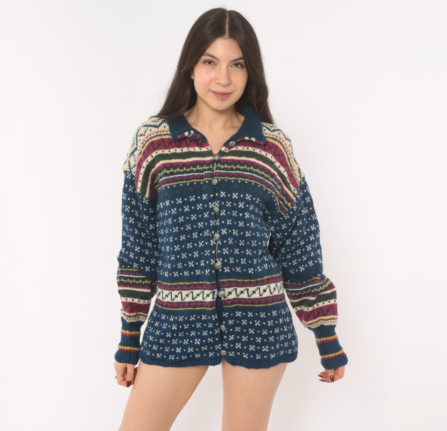 90s Husfliden Norwegian Fair Isle Wool Cardigan Navy Cream Burgundy Medium M