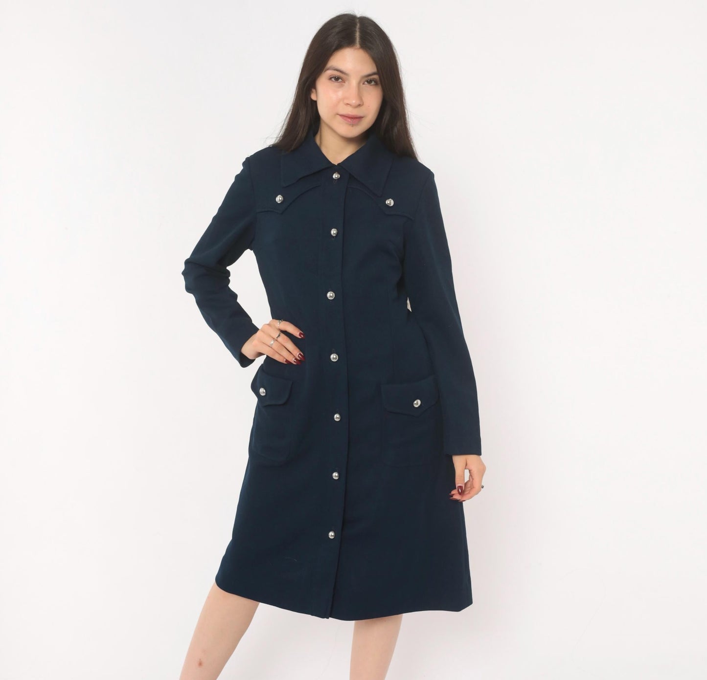 70s R & K Originals Navy Coat Dress Western Yoke Silver Buttons Medium