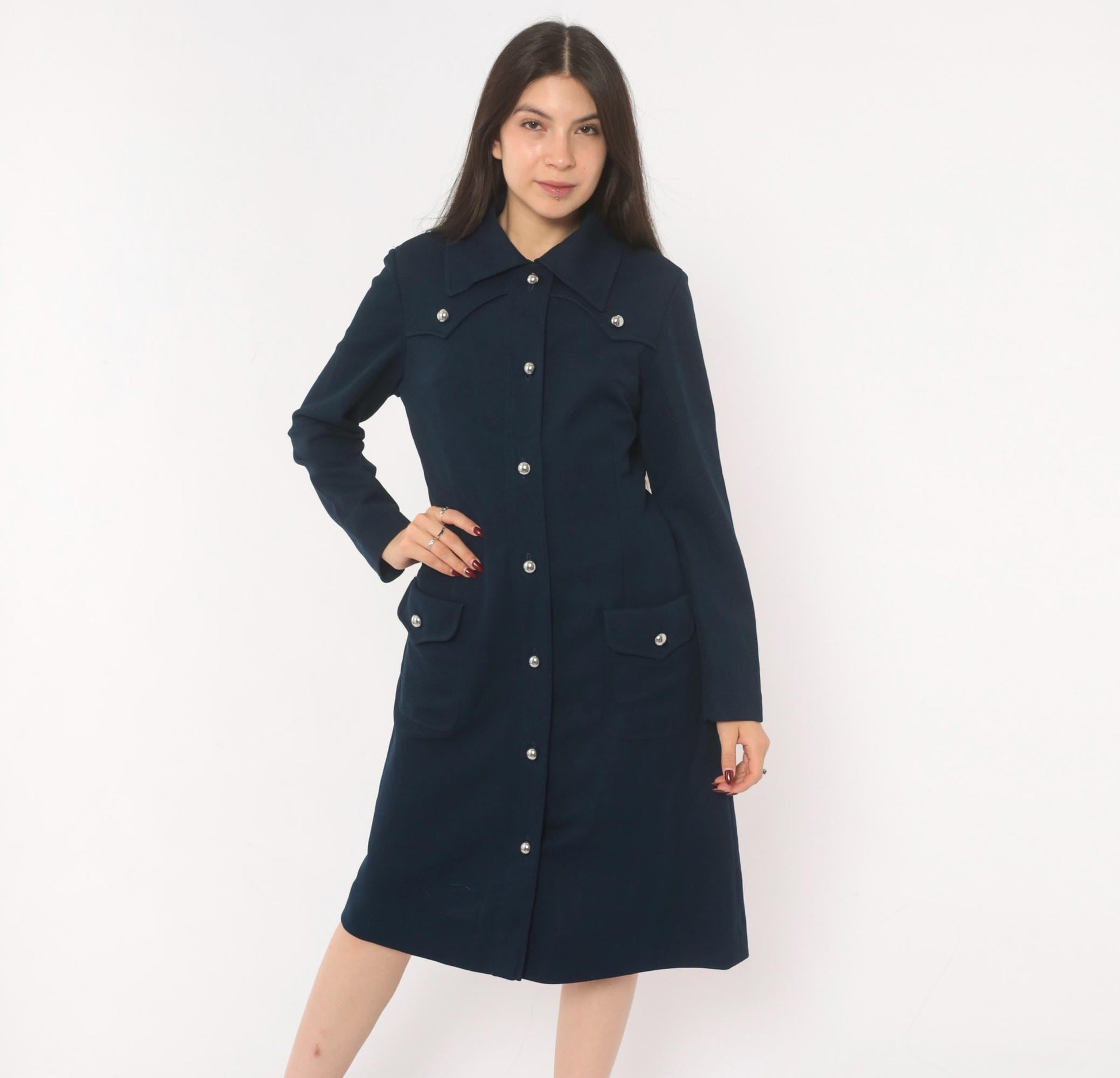 70s R & K Originals Navy Coat Dress Western Yoke Silver Buttons Medium
