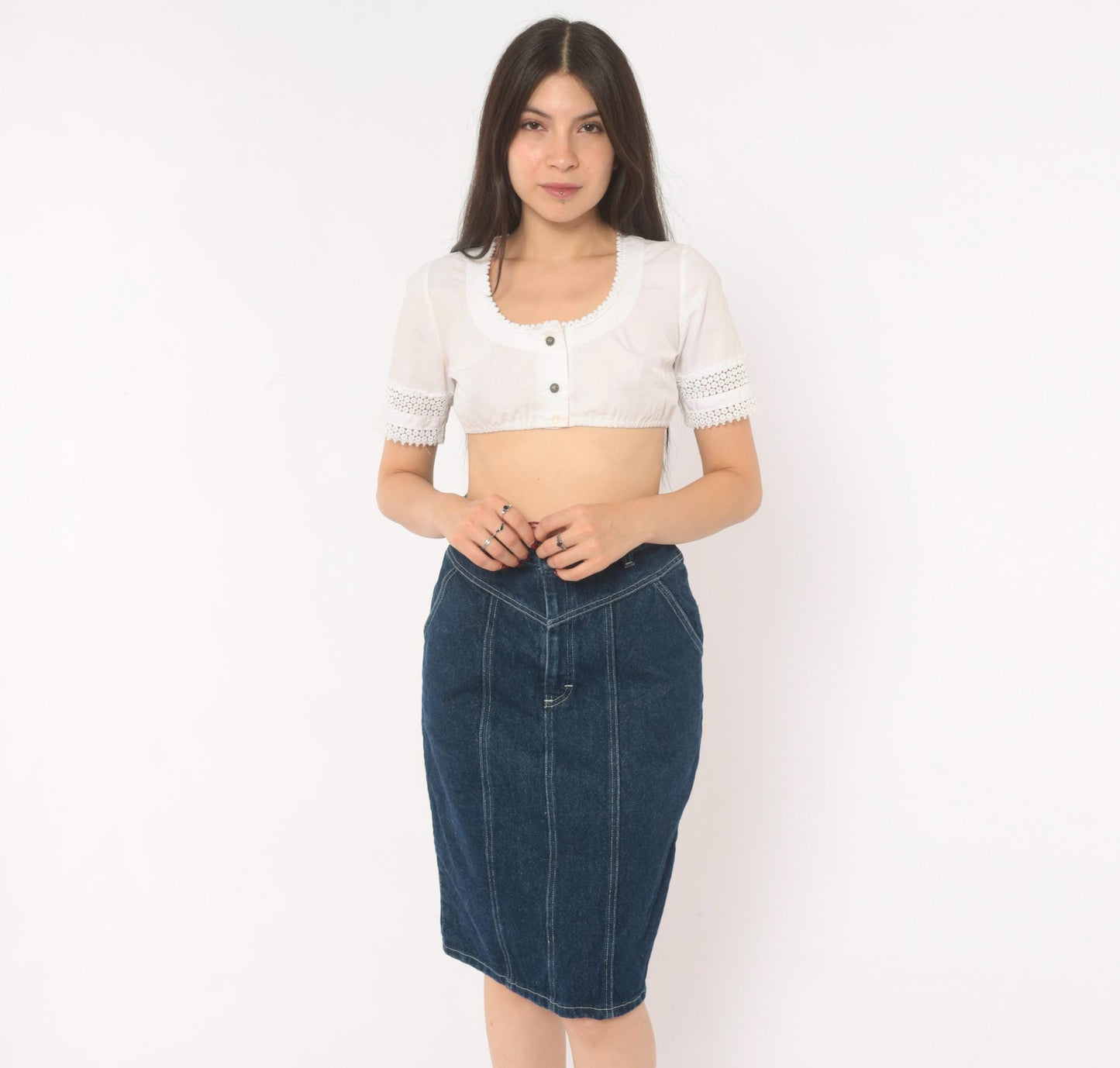80s Cheryl Tiegs Denim Pencil Skirt High Waist Dark Wash Western Yoke Small S