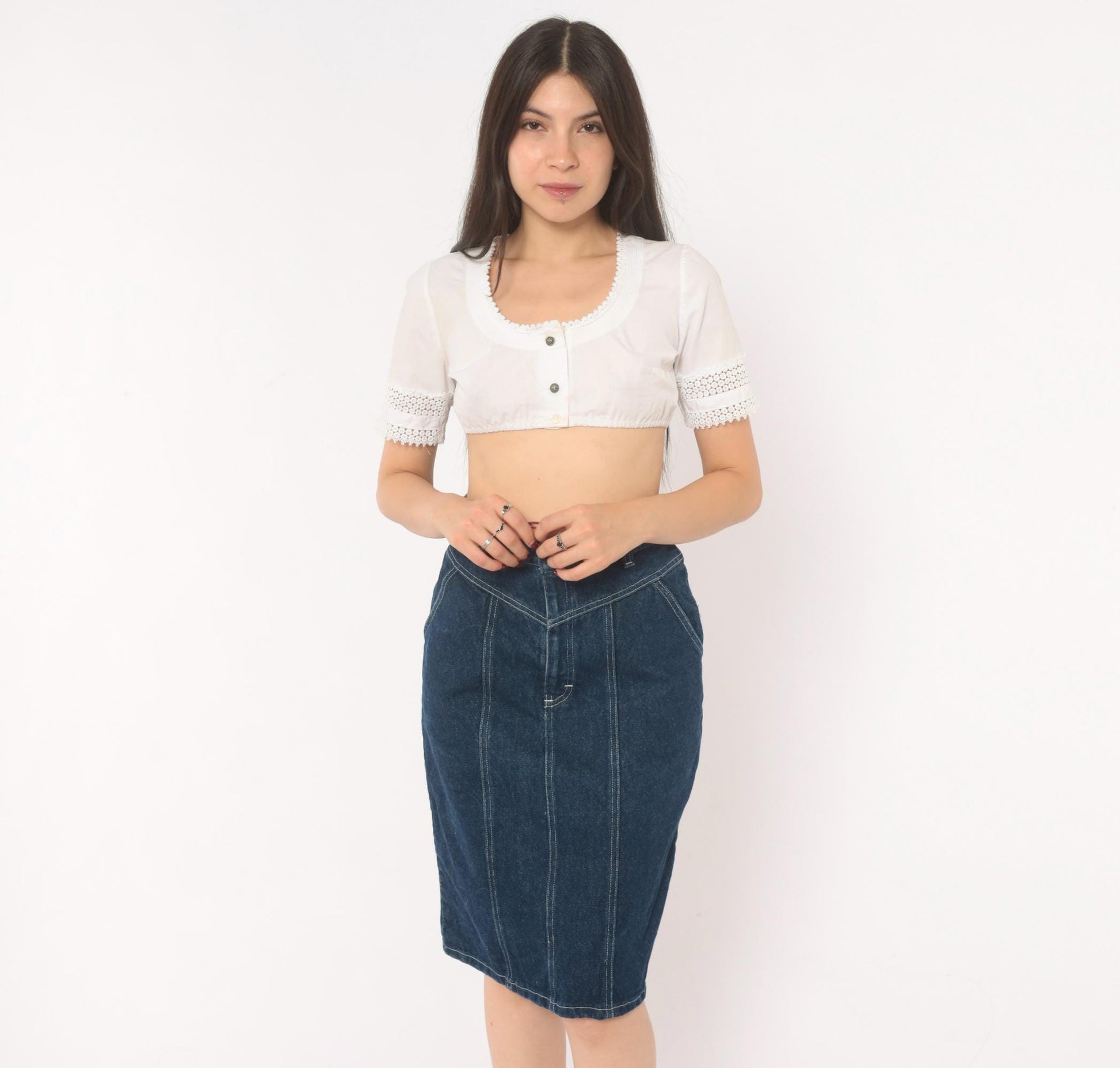 80s Cheryl Tiegs Denim Pencil Skirt High Waist Dark Wash Western Yoke Small S