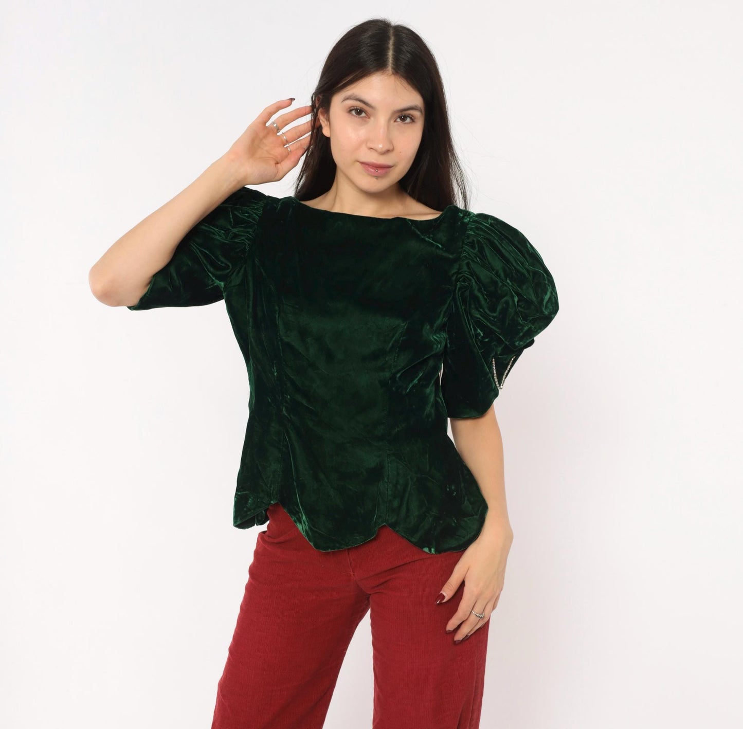 80s Emerald Velvet Puff Sleeve Blouse Forest Green Bow Back Rhinestone Medium