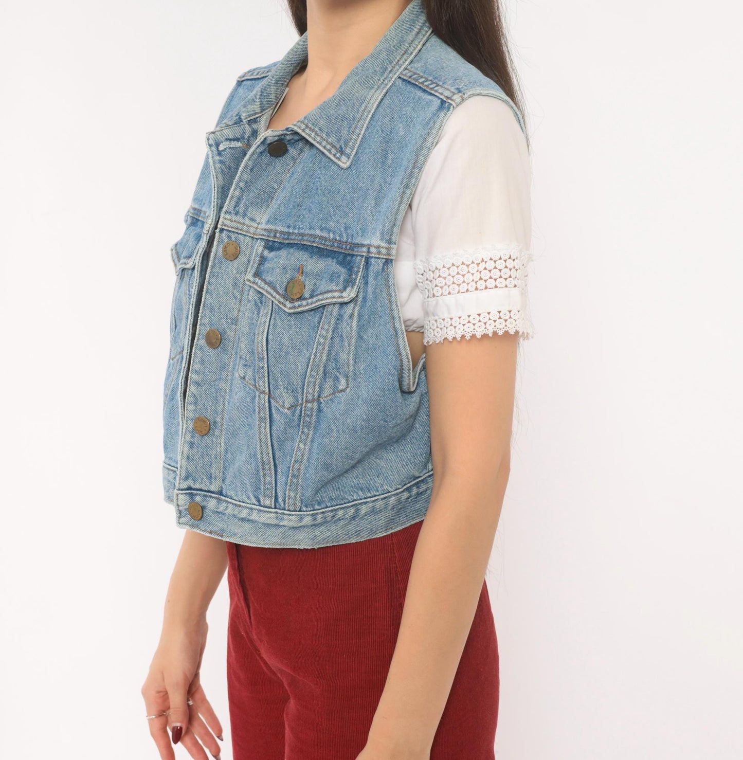 90s Karen Kane Light Blue Denim Vest Cropped Button Front Small S