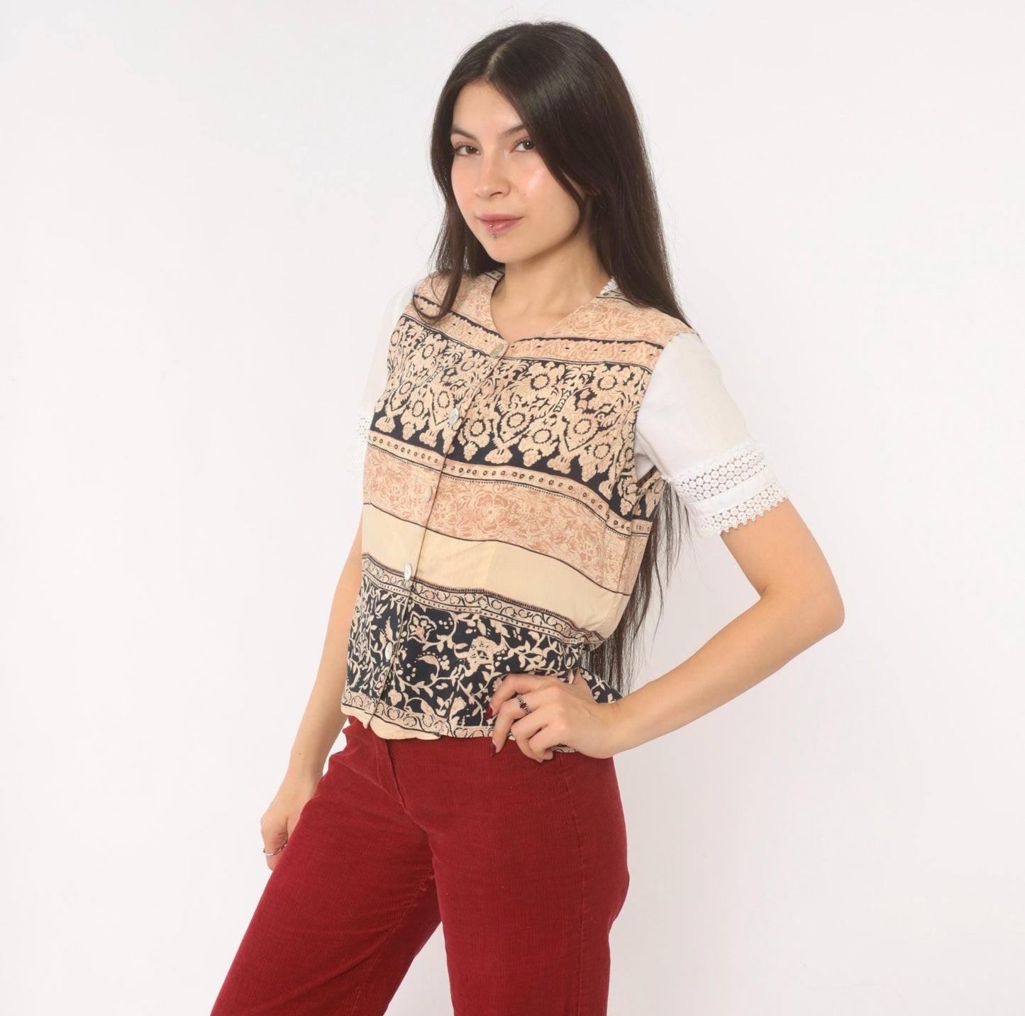 90s L'Amadei Block Print Vest Cream Navy Floral Damask Small S