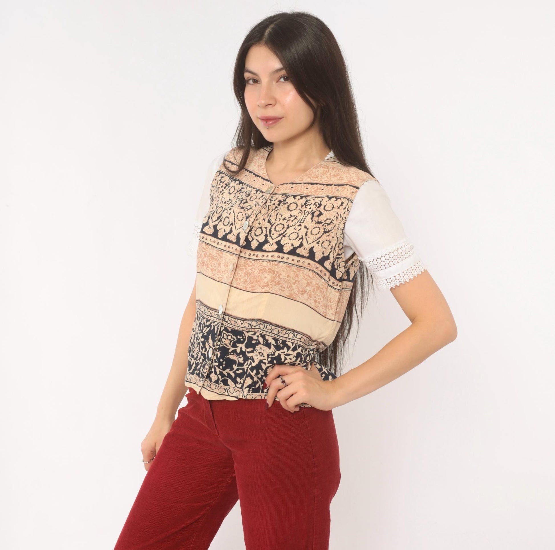 90s L'Amadei Block Print Vest Cream Navy Floral Damask Small S