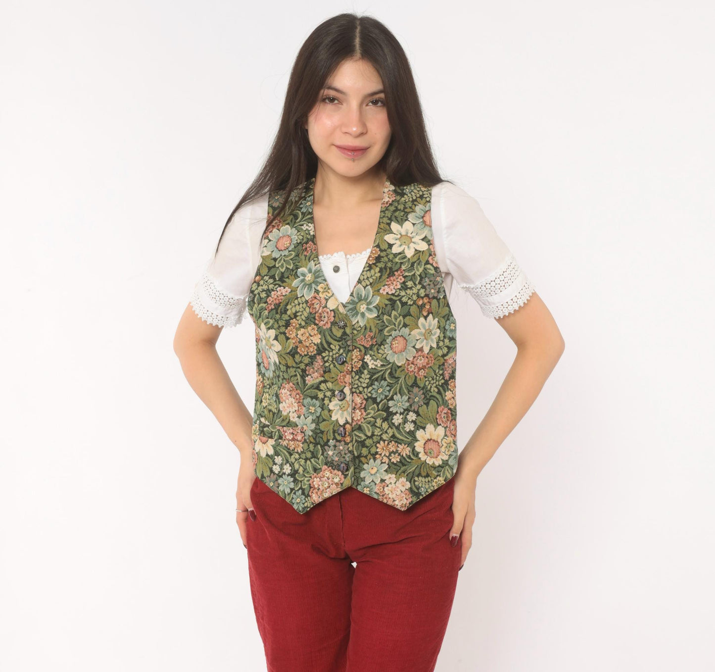 90s Di Di Scott Floral Tapestry Vest Button Front V Neck Olive Green Pink Small