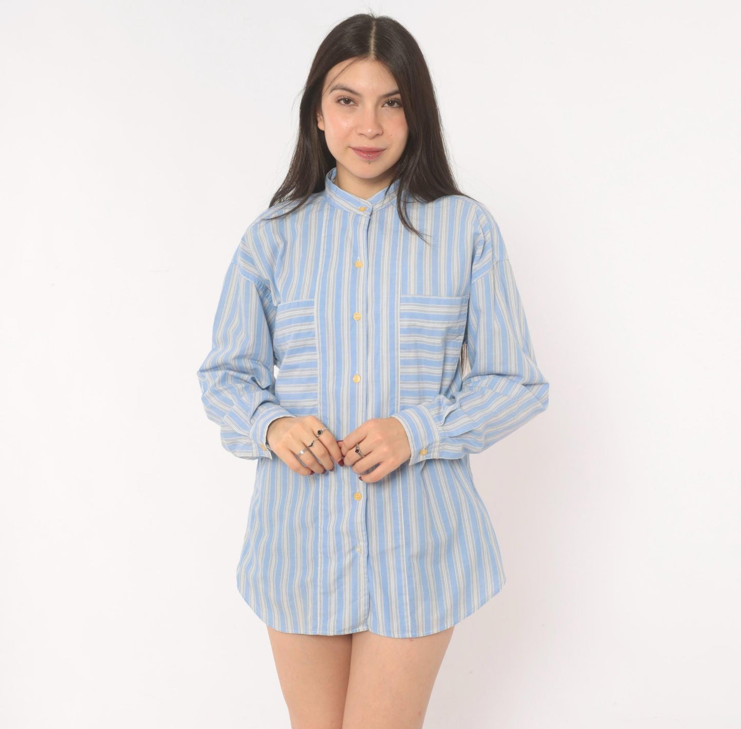 90s Gap Blue White Striped Shirt Band Collar Cotton Blouse Medium M
