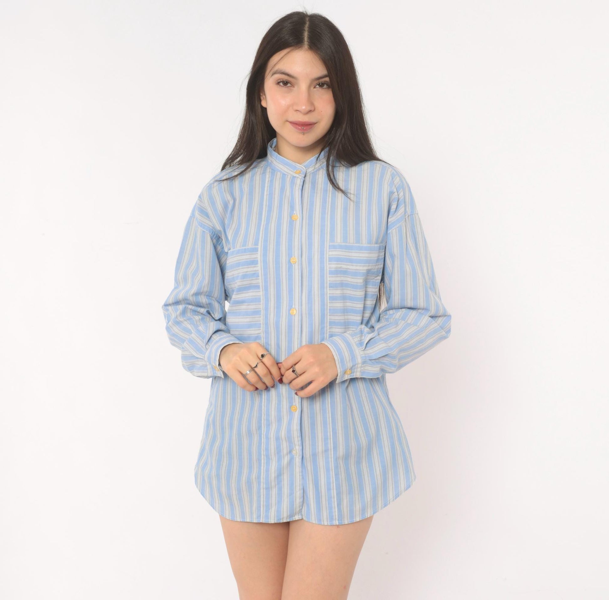 90s Gap Blue White Striped Shirt Band Collar Cotton Blouse Medium M