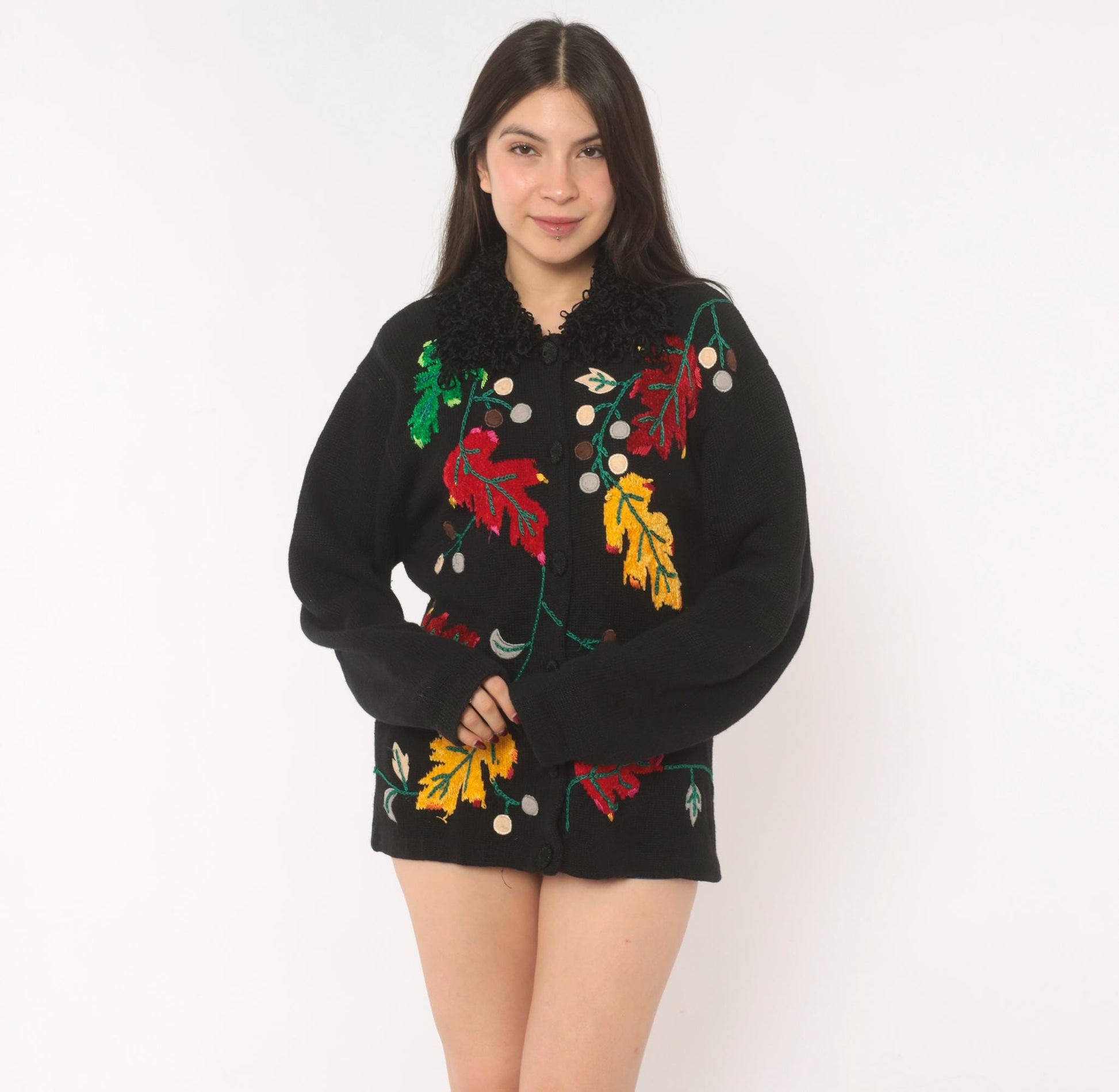 90s Victoria Harbour Black Cardigan Embroidered Autumn Leaves Large L