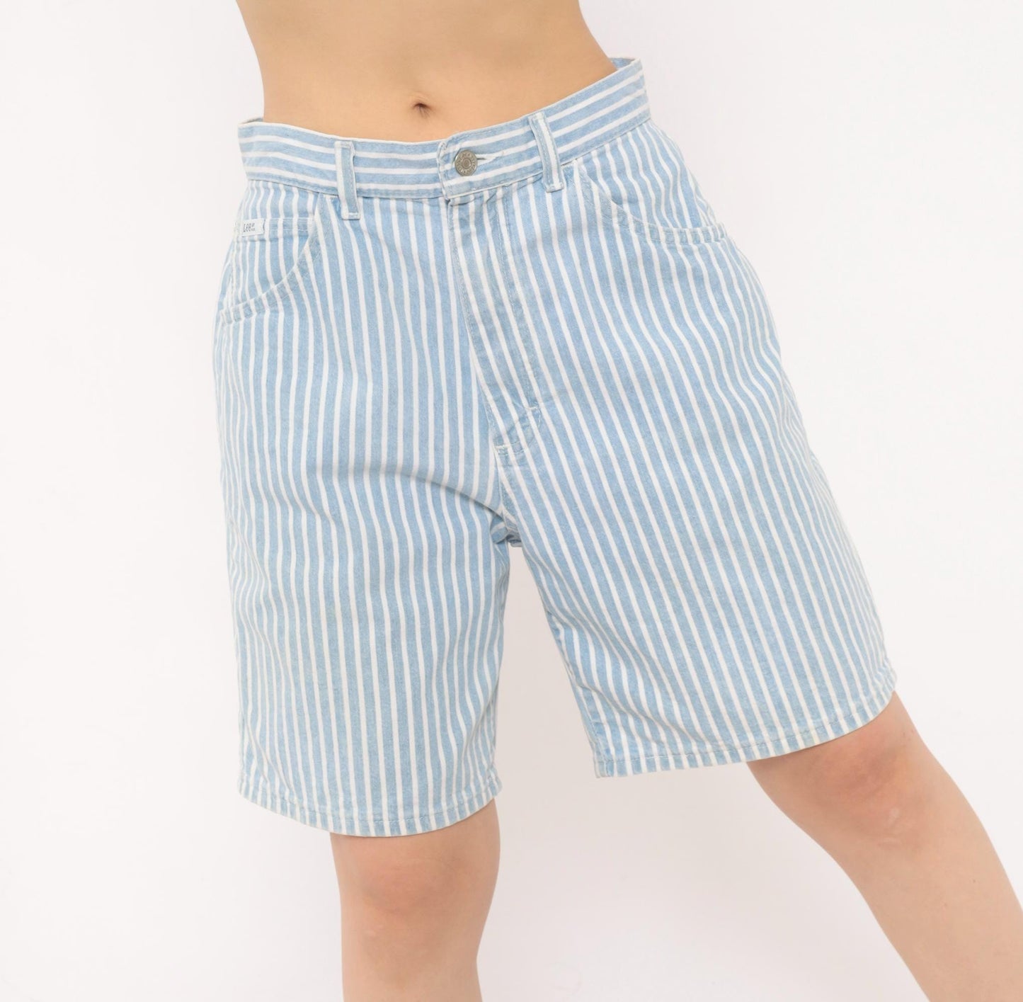90s Lee High Waist Pinstriped Denim Shorts Blue White Bermuda Medium M