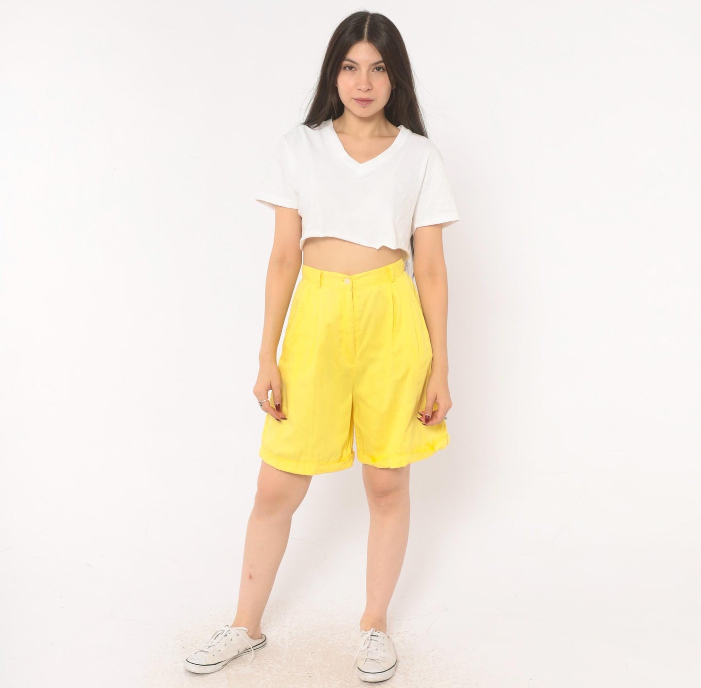 80s Jaclyn Smith Butter Yellow Pleated Bermuda Shorts High Waist Cotton Extra Small XS