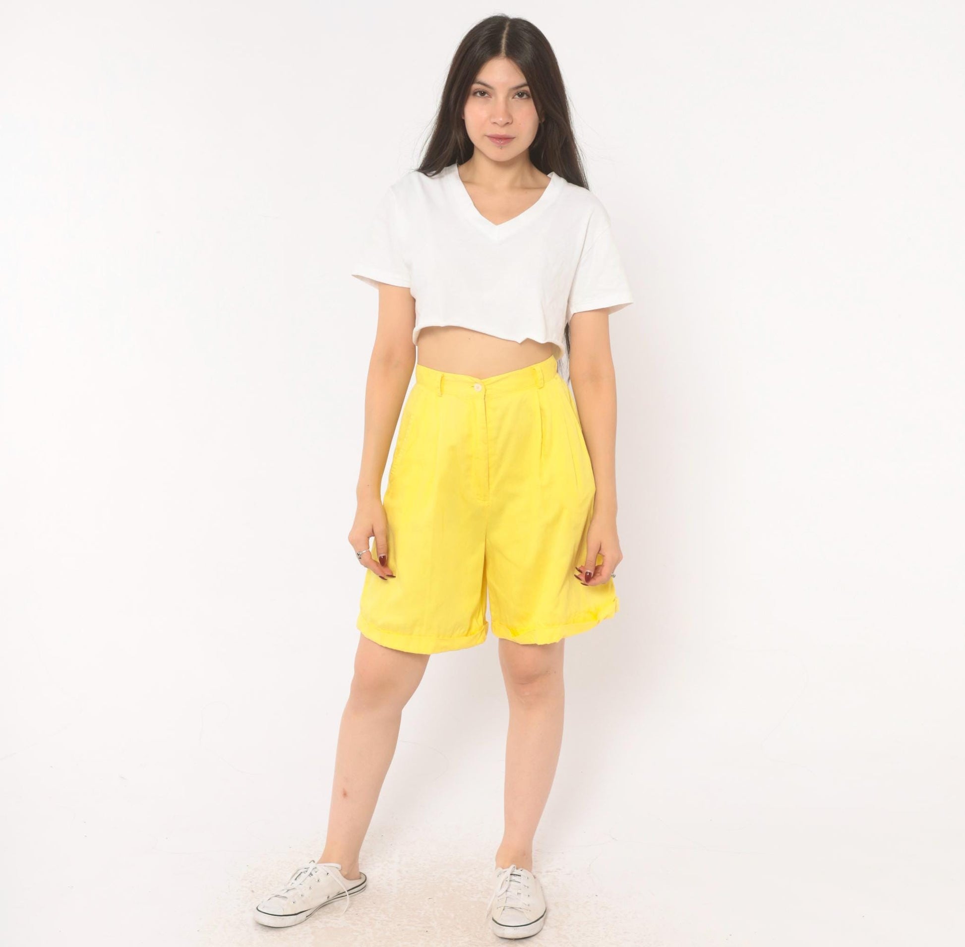 80s Jaclyn Smith Butter Yellow Pleated Bermuda Shorts High Waist Cotton Extra Small XS