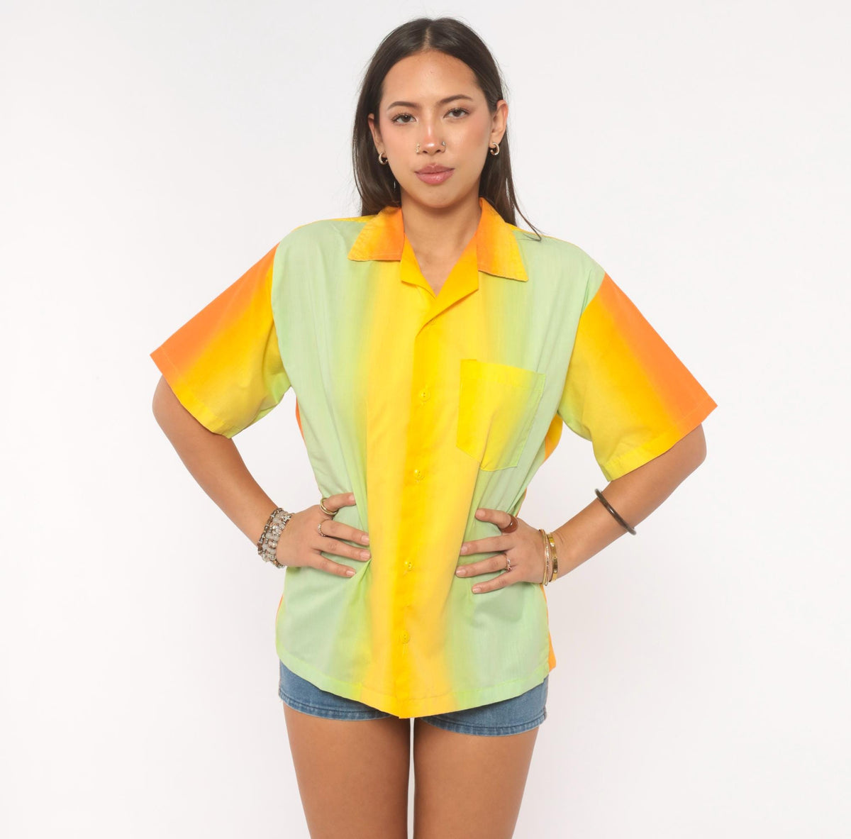 70s Gradient Camp Collar Shirt Orange Yellow Green Colorblock Medium
