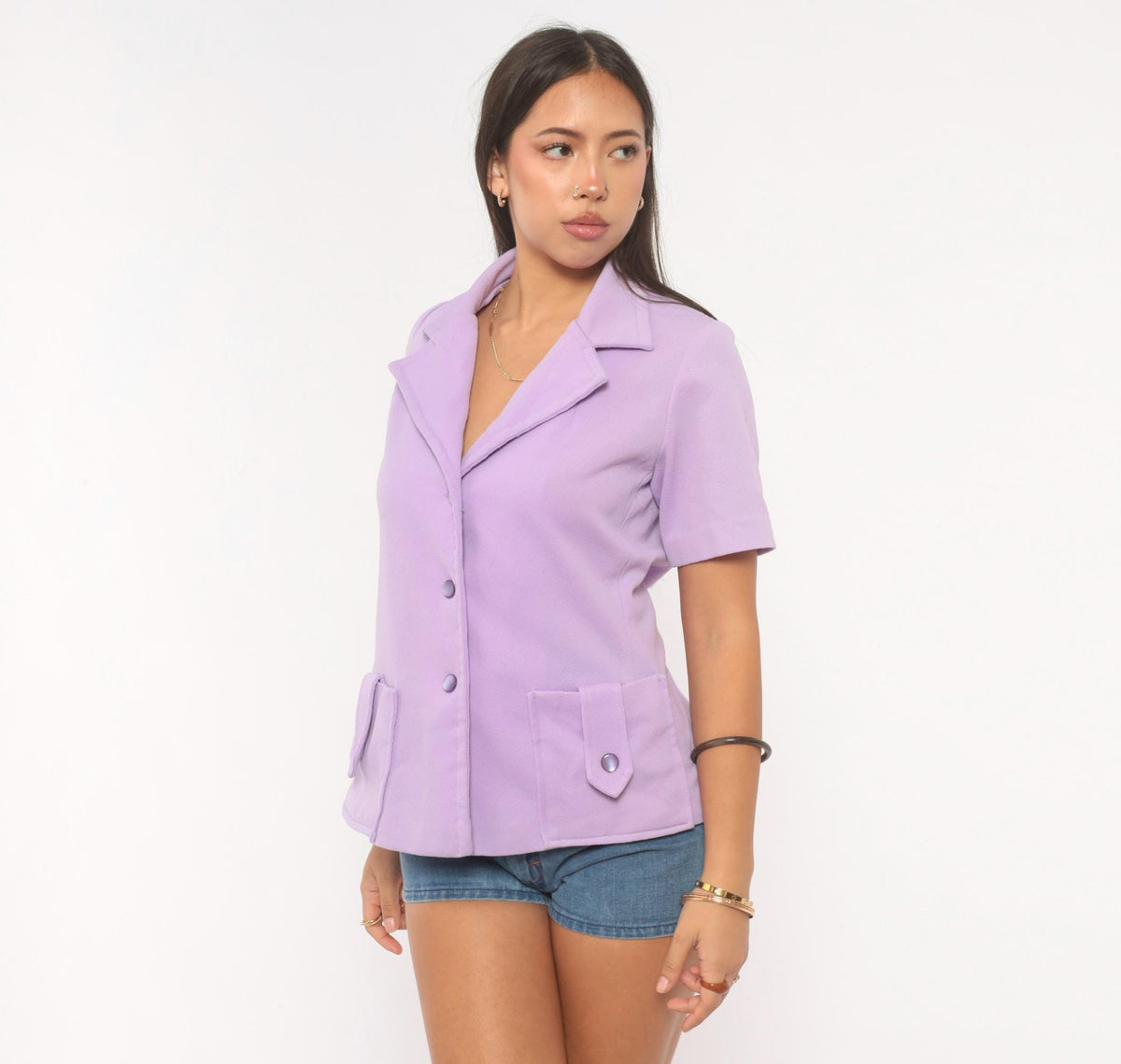 70s Lilac Button Front Blazer Short Sleeve Notched Lapel Fitted Waist Medium