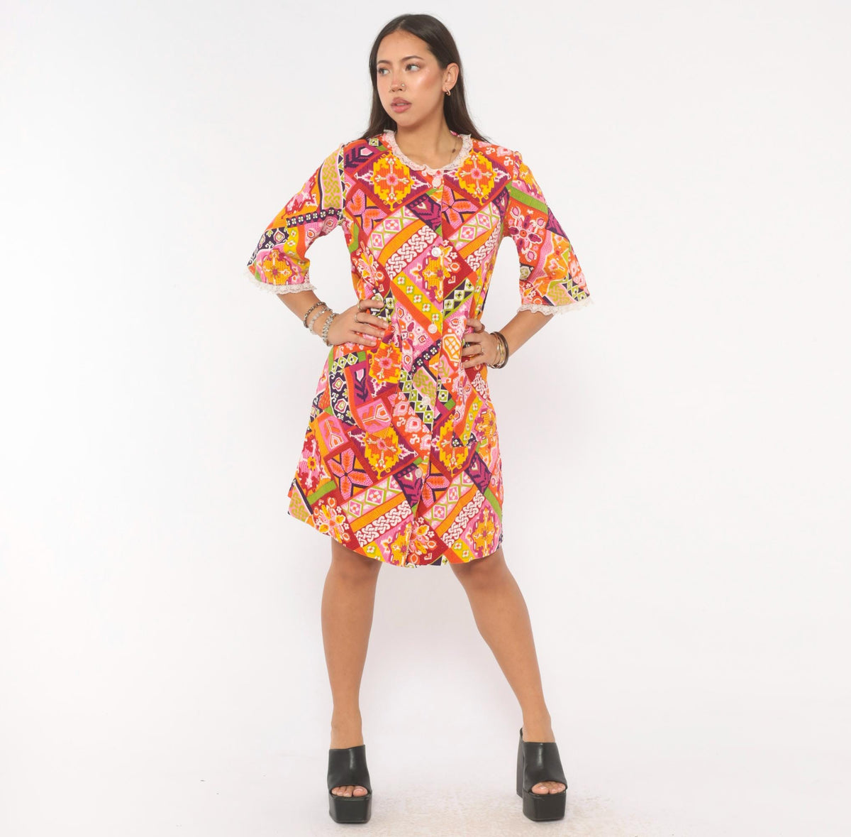 1970s Patchwork Button Front Shift Dress Knee Length Cotton Multicolor Medium M