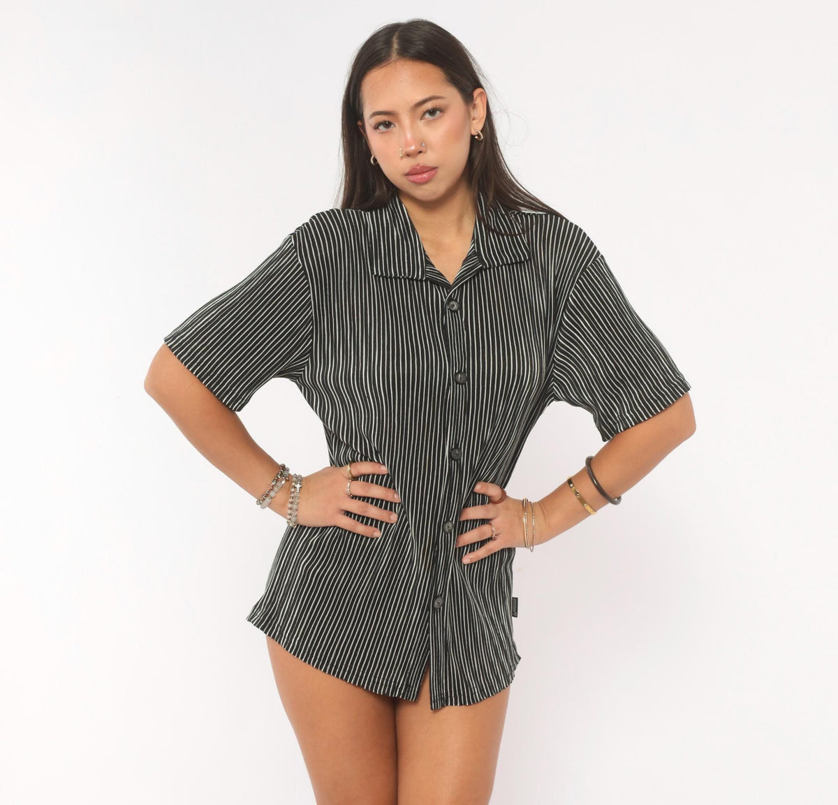 Y2K Black Pinstripe Button Up Camp Collar Shirt White Stripe Short Sleeve Small