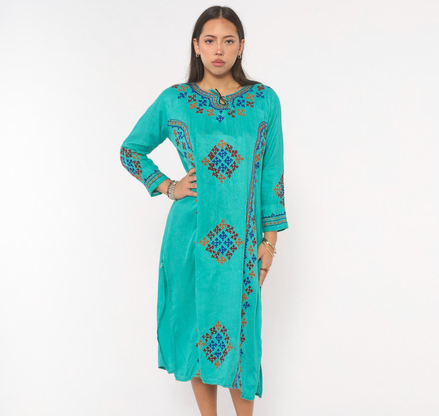 Y2K Teal Cotton Kaftan Embroidered Cross Stitch Diamond Tunic Dress Medium M