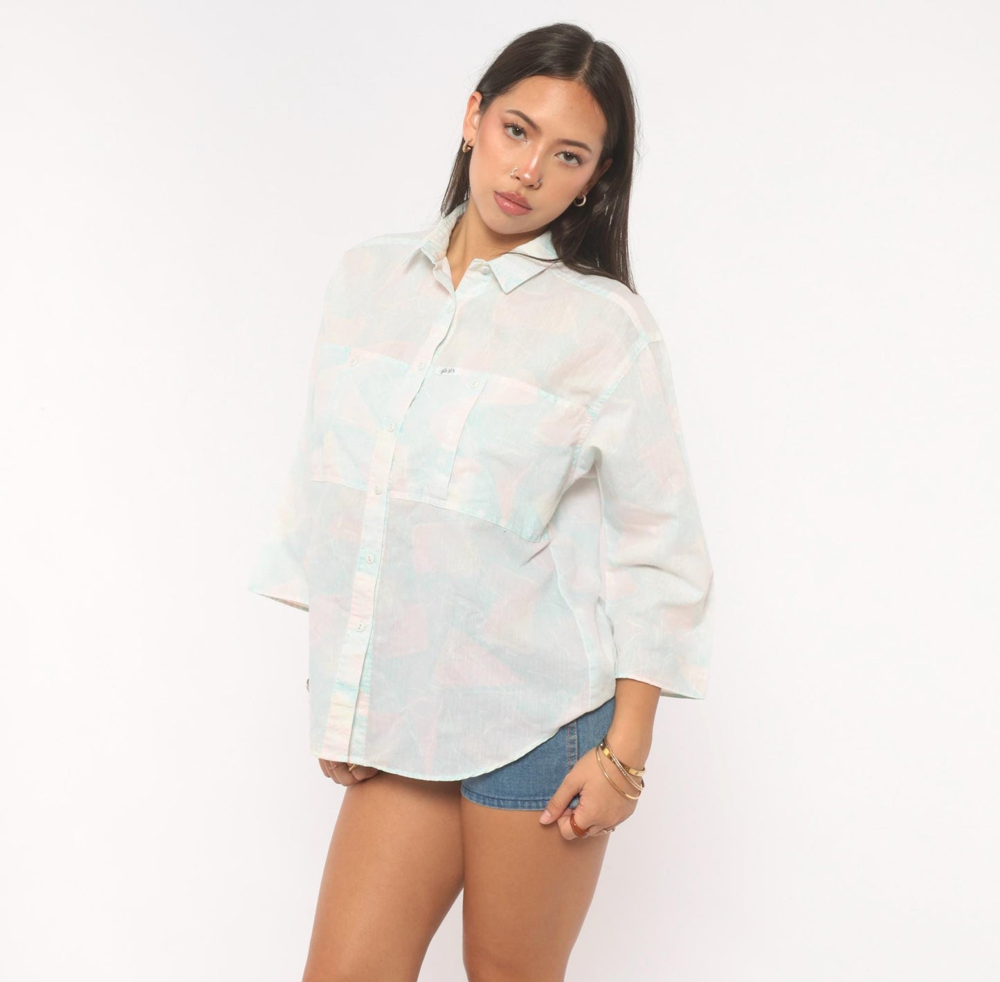 90s Alais Pastel Watercolor Button-Up Blouse Pink Blue Cotton Medium M
