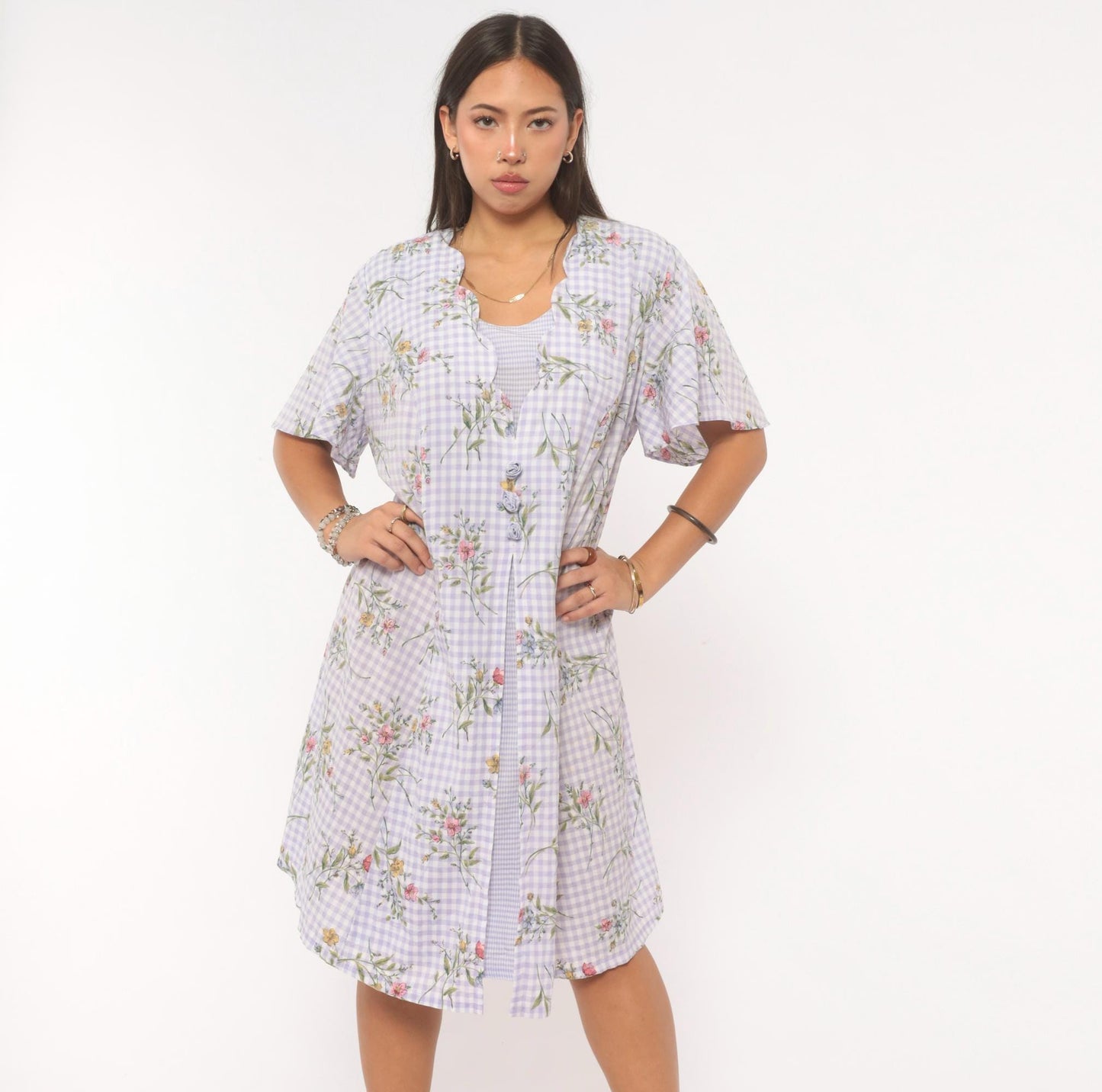 90s Sarah Richards Plus Lavender Gingham Floral Dress Flutter Sleeve A-Line Extra Large XXL