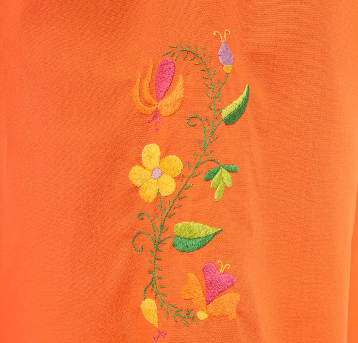 70s Orange Embroidered Maxi Dress Cotton Floral Bell Sleeve Boat Neck Medium M
