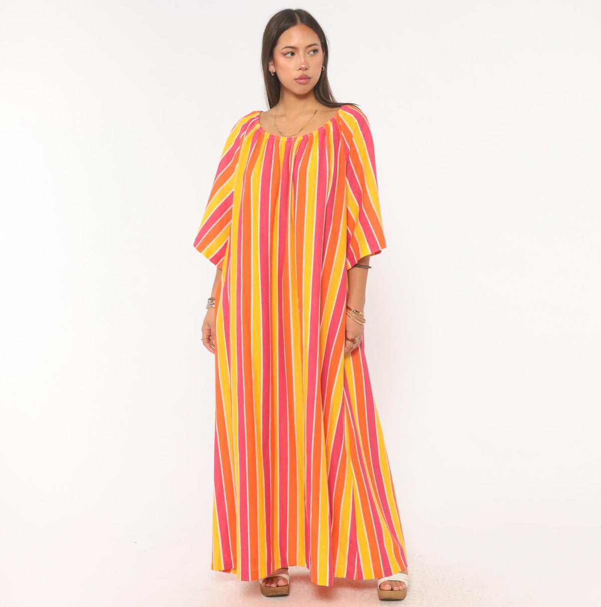 70s Striped Caftan Orange Pink Yellow Cotton Maxi Dress Flutter Sleeve Plus Size 3X