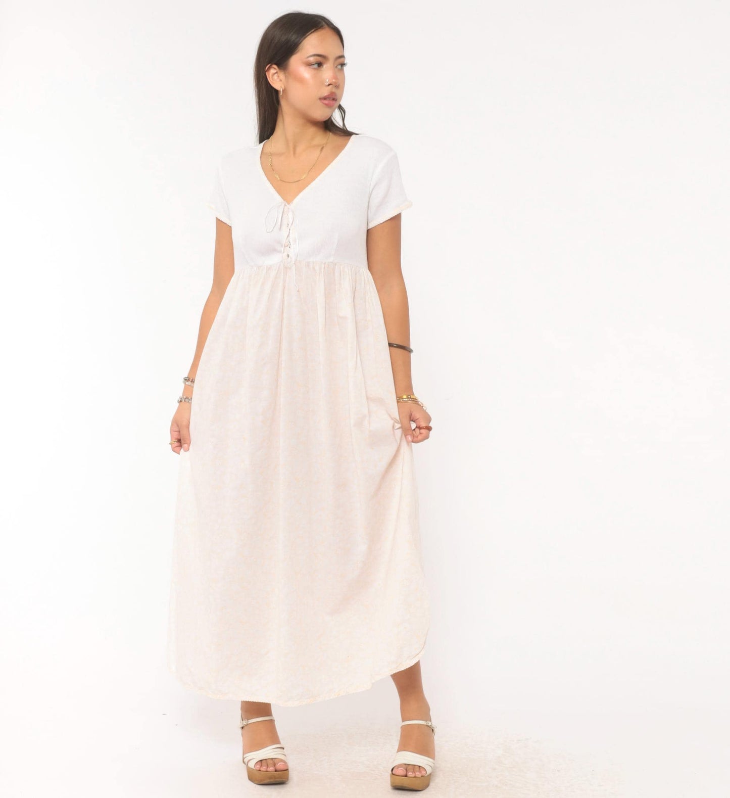 90s Victoria's Secret Floral Maxi Dress White Cotton Empire Waist Small S