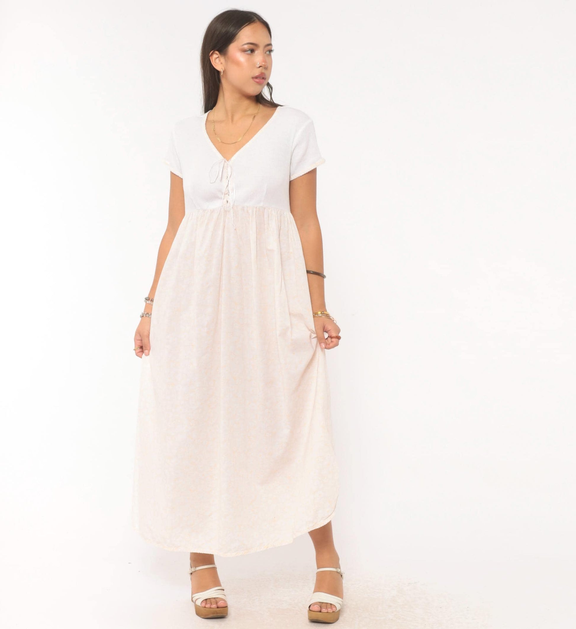 90s Victoria's Secret Floral Maxi Dress White Cotton Empire Waist Small S