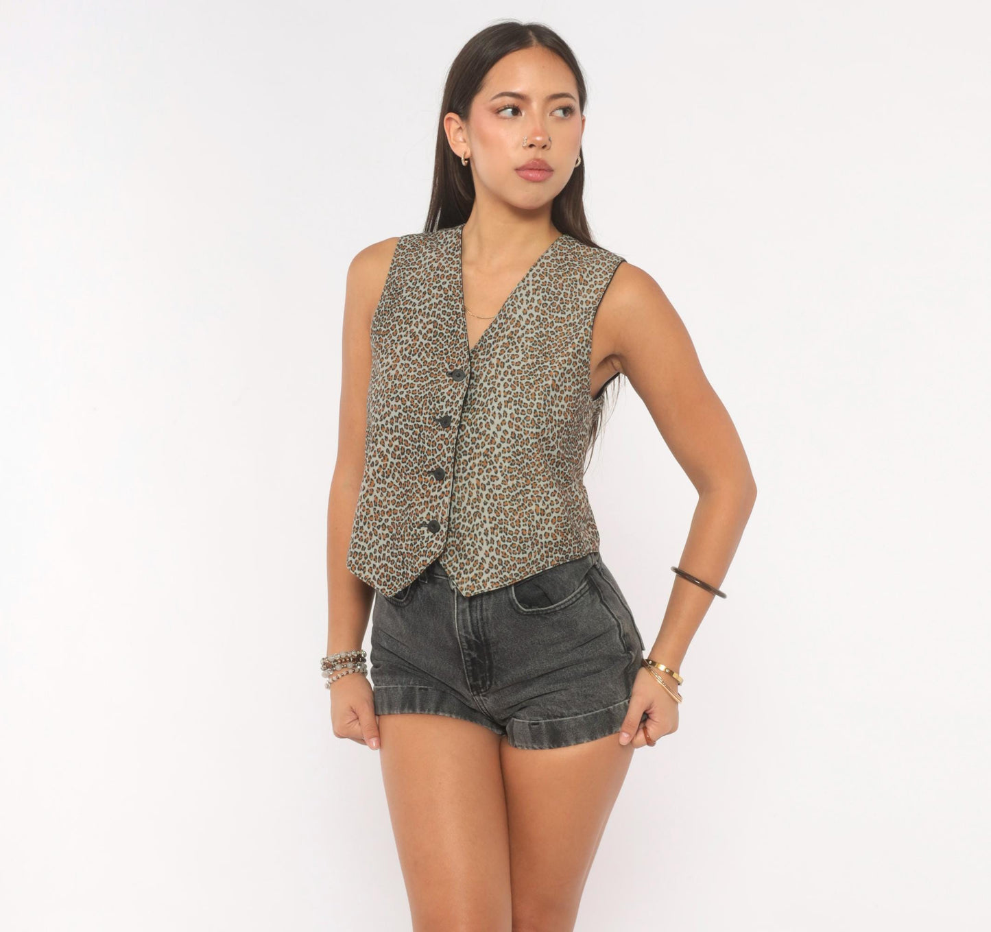 90s Reversible Leopard Cheetah Vest Black Tan Button Front V Neck Extra Small XS