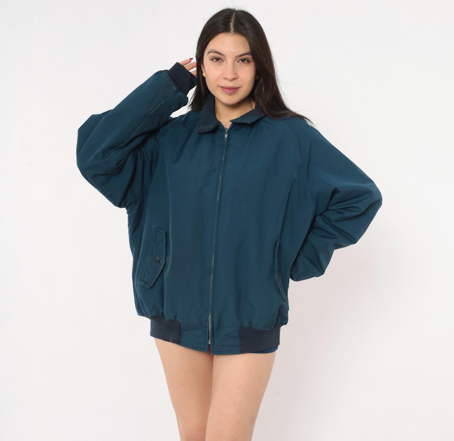 80s Sportsmaster Navy Harrington Bomber Jacket Zip Front Large L