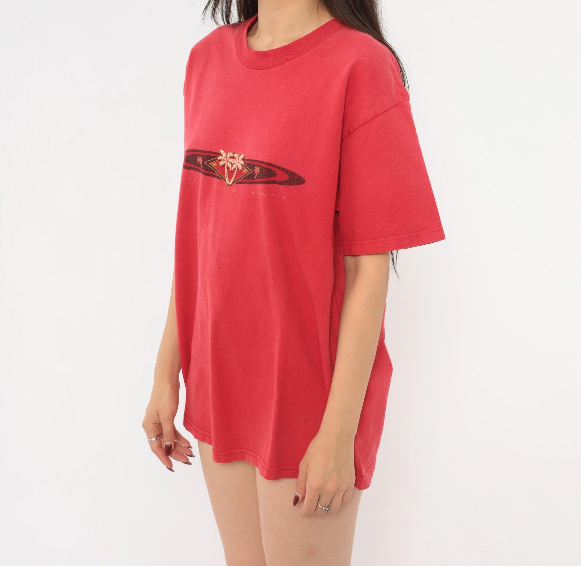 90s Waikiki Beach Hawaii Hanes Tee Red Cotton Palm Tree Graphic Large L