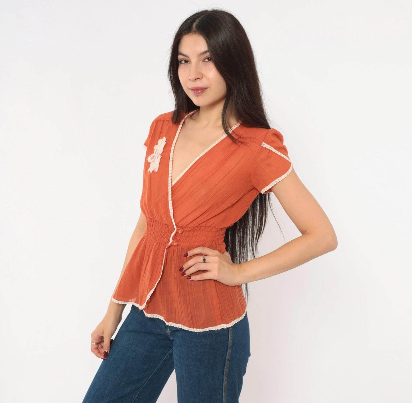 70s Burnt Orange Floral Lace Wrap Blouse Puff Sleeve Cream Trim Small