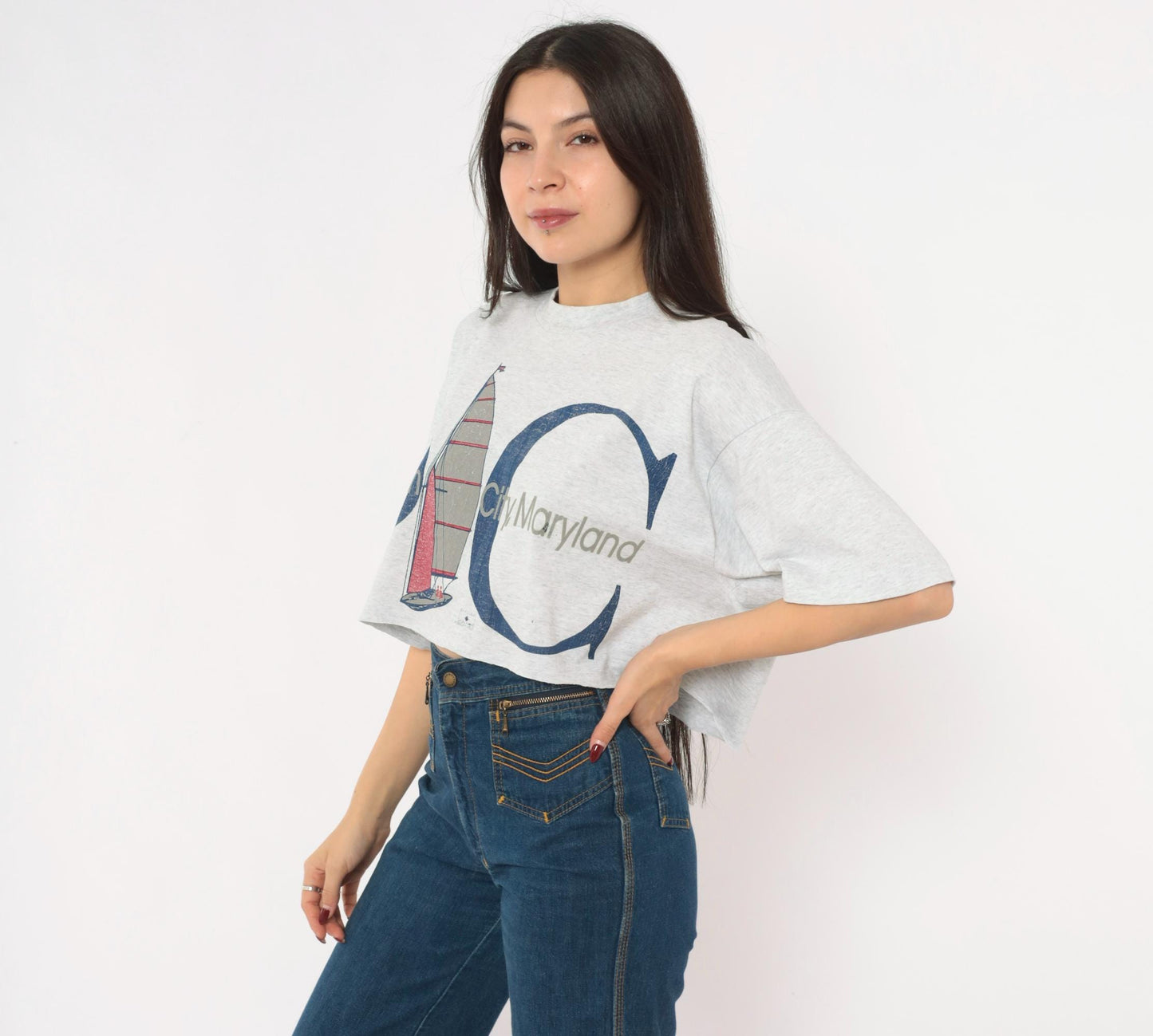 90s Ocean City Maryland Sailboat Graphic Crop Tee Grey Heather Medium Large