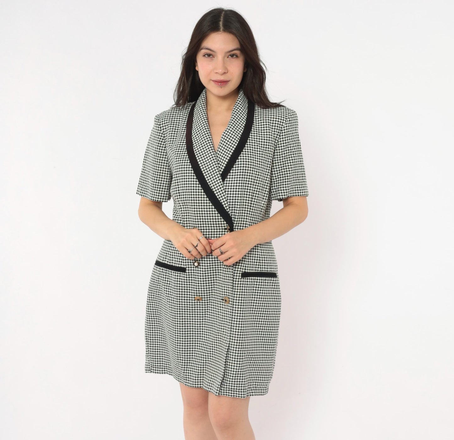 80s Danny & Nicole Gingham Blazer Dress Black White Check Large