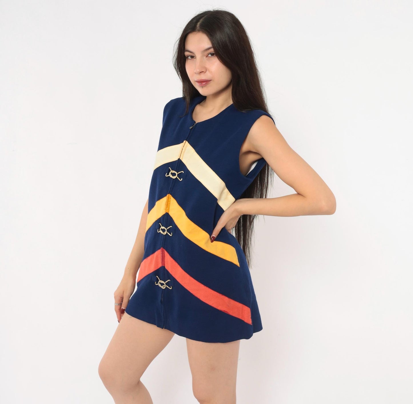 60s Di Costa Wool Chevron Stripe Mini Dress Navy Cream Gold Coral Zip Front Medium