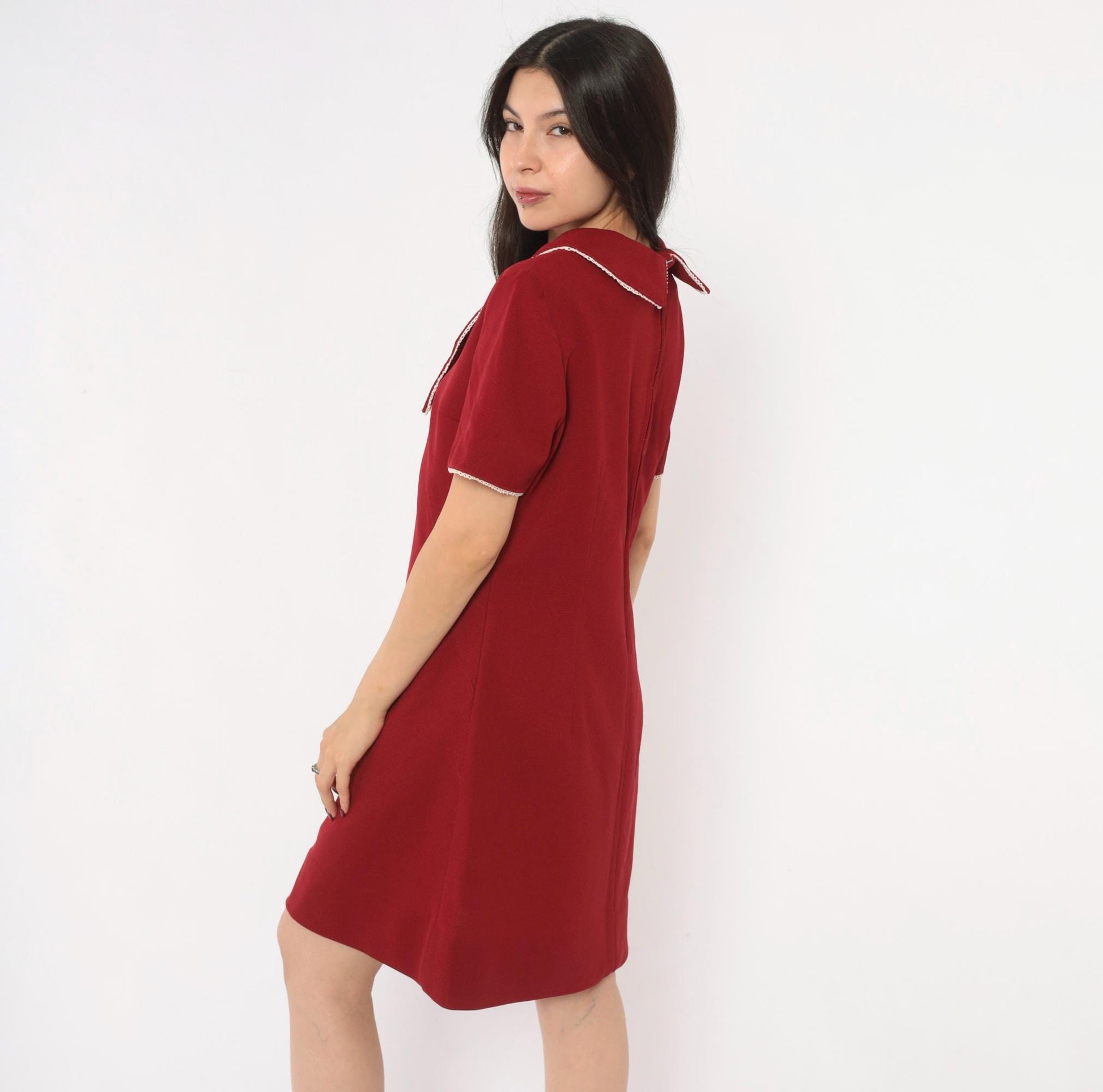 70s Burgundy Sailor Collar A-Line Dress Lace Trim Knee Length Medium