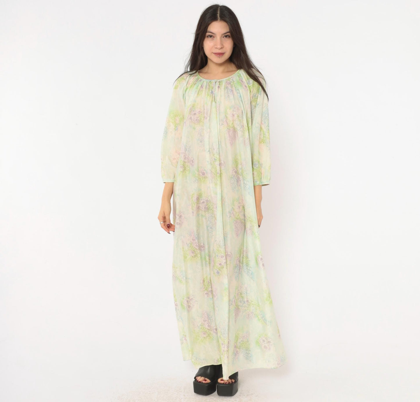70s Floral Watercolor Maxi Nightgown Lavender Pink Blue Balloon Sleeve Medium M