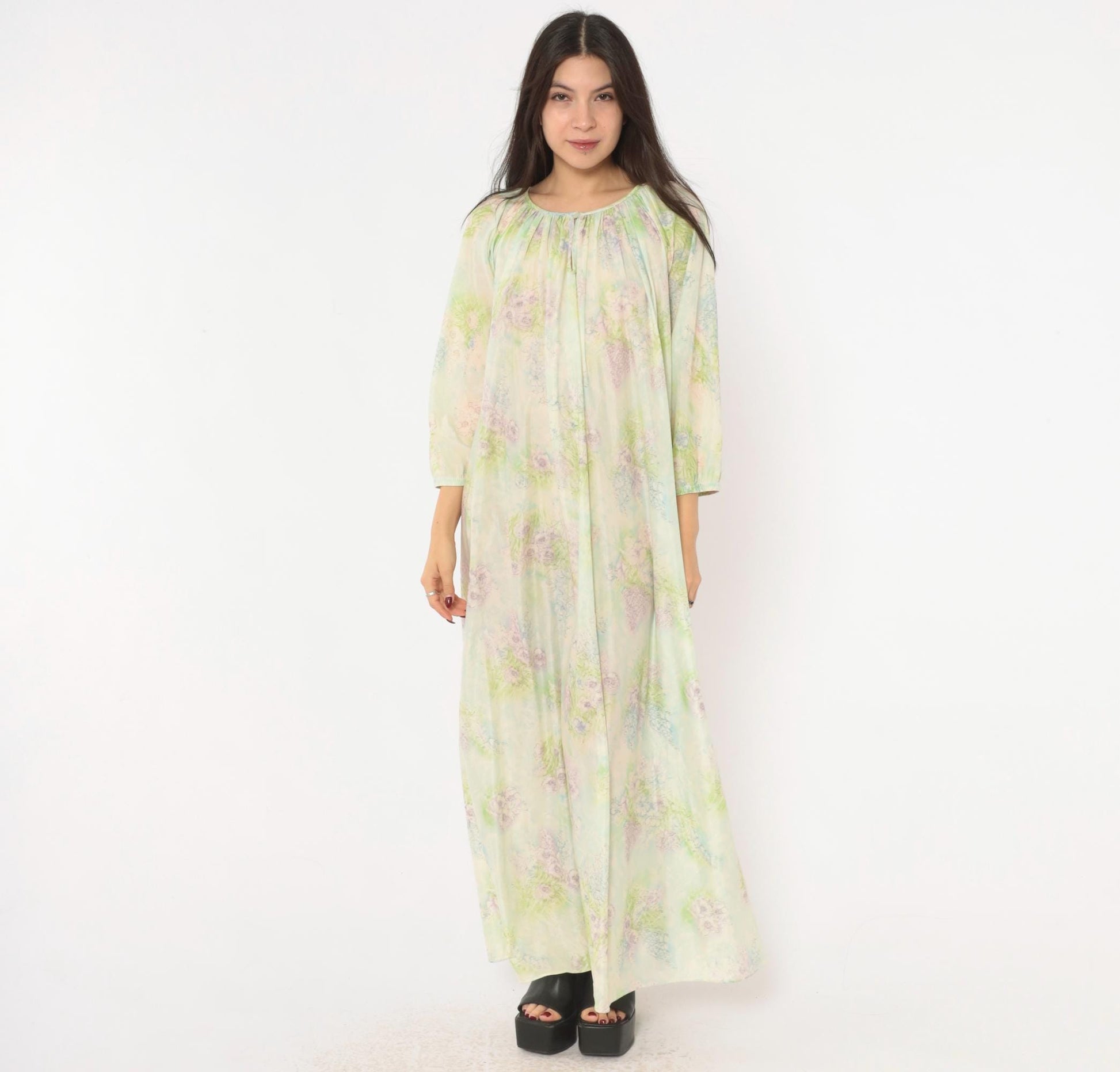 70s Floral Watercolor Maxi Nightgown Lavender Pink Blue Balloon Sleeve Medium M