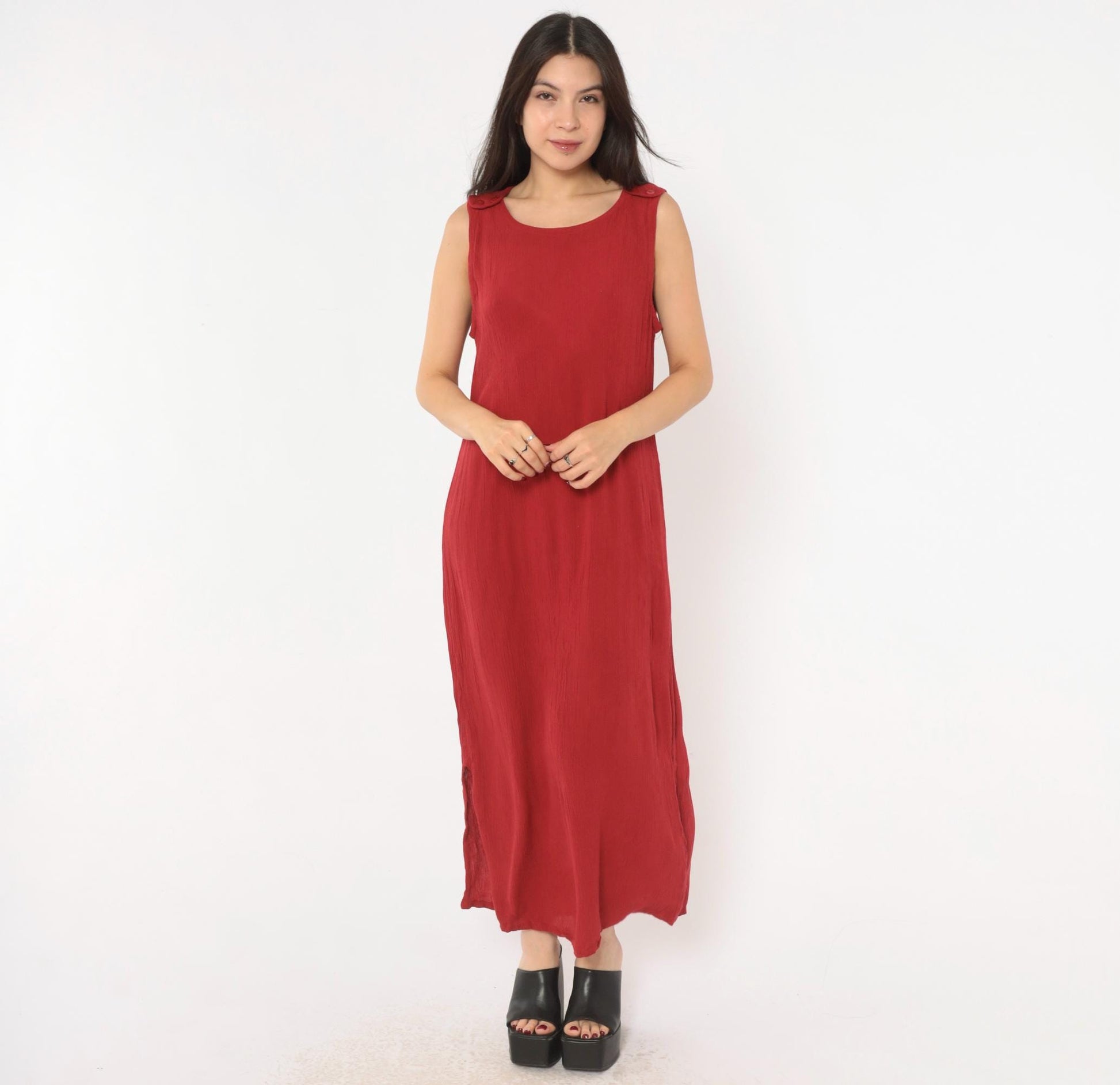 90s Sag Harbor Cranberry Maxi Dress Sleeveless Shoulder Buttons Extra Large