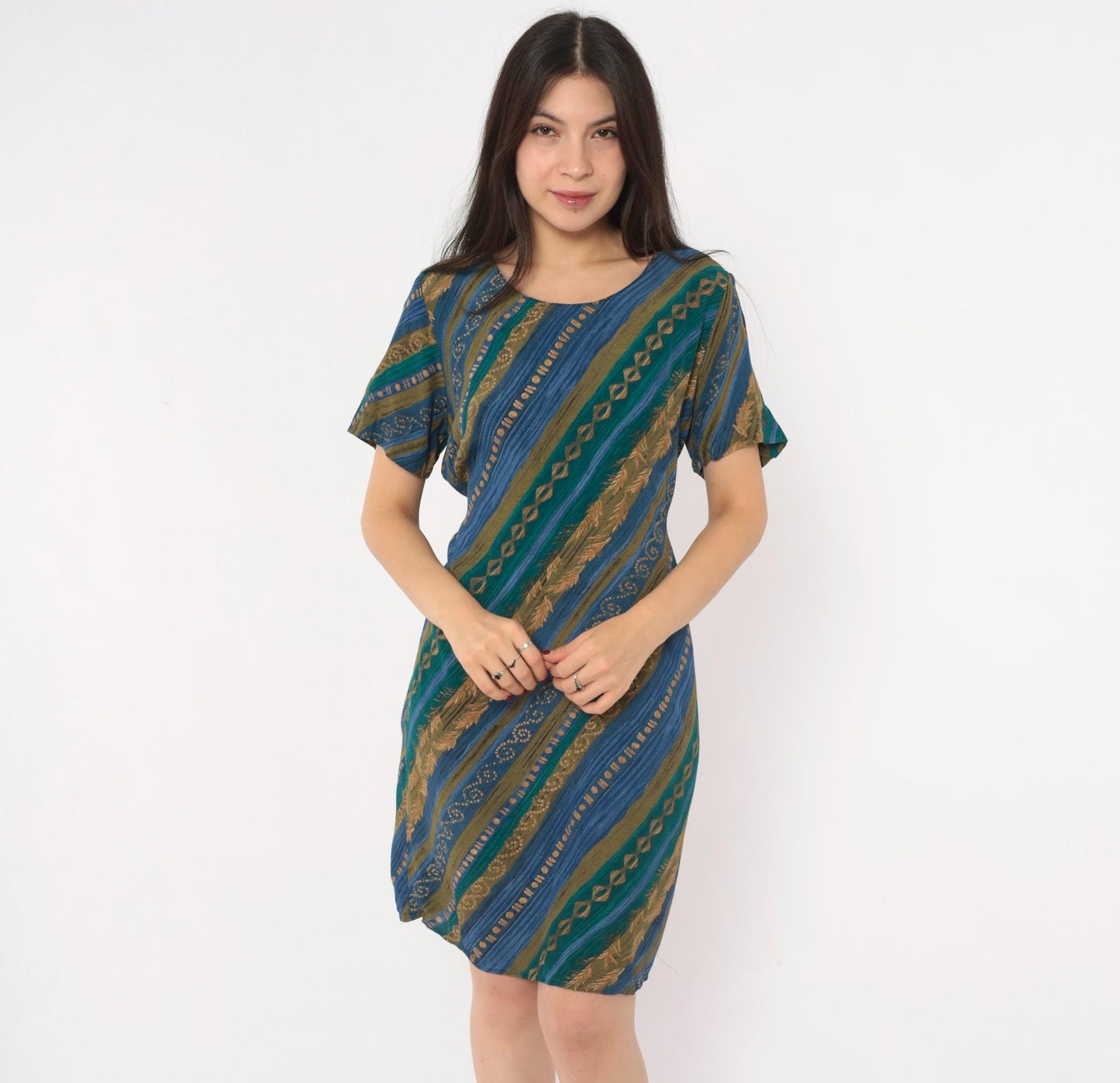 90s Tribal Geometric Sundress Blue Teal Gold Diagonal Stripe A-Line Medium M