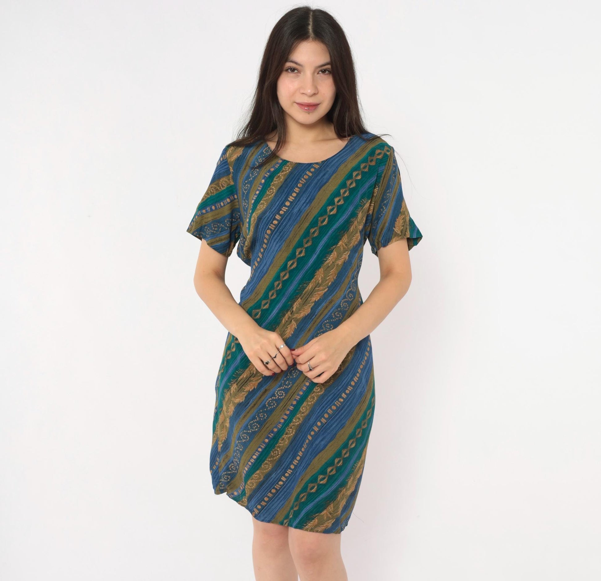 90s Tribal Geometric Sundress Blue Teal Gold Diagonal Stripe A-Line Medium M