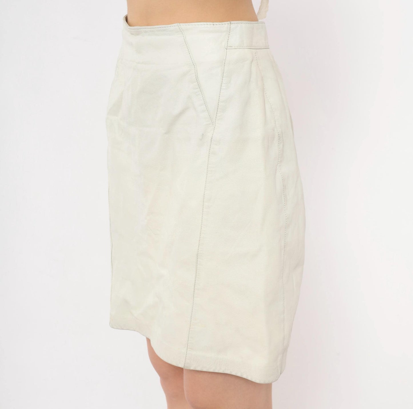 80s Ivory Leather Mini Skirt A-Line High Waist Paneled Seam Detail Small S