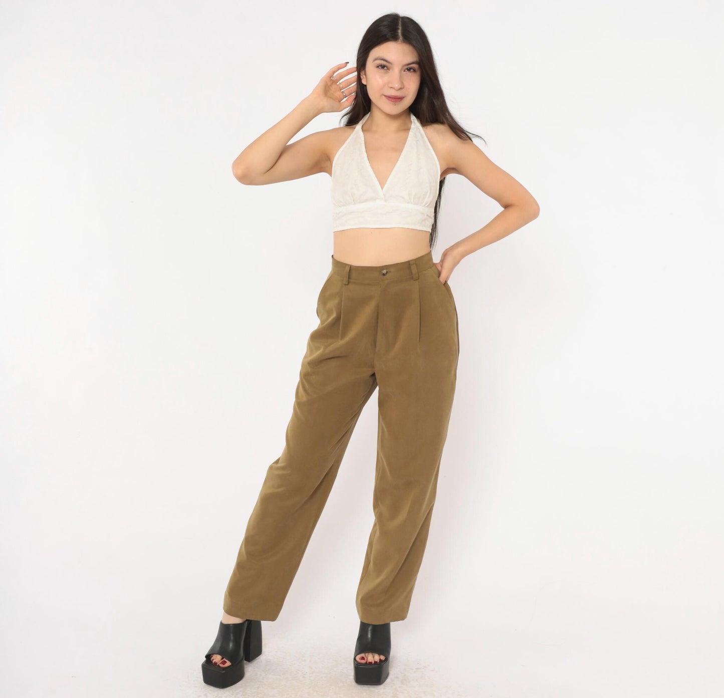 90s Pleated High-Waist Trousers Olive Tapered Leg Front Pleat Extra Small XS